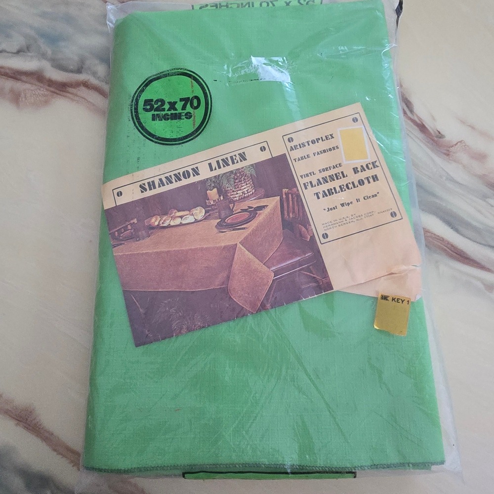 Vintage Shannon Linen Aristoplex Green Vinyl Flannel Back Tablecloth 52x70 New